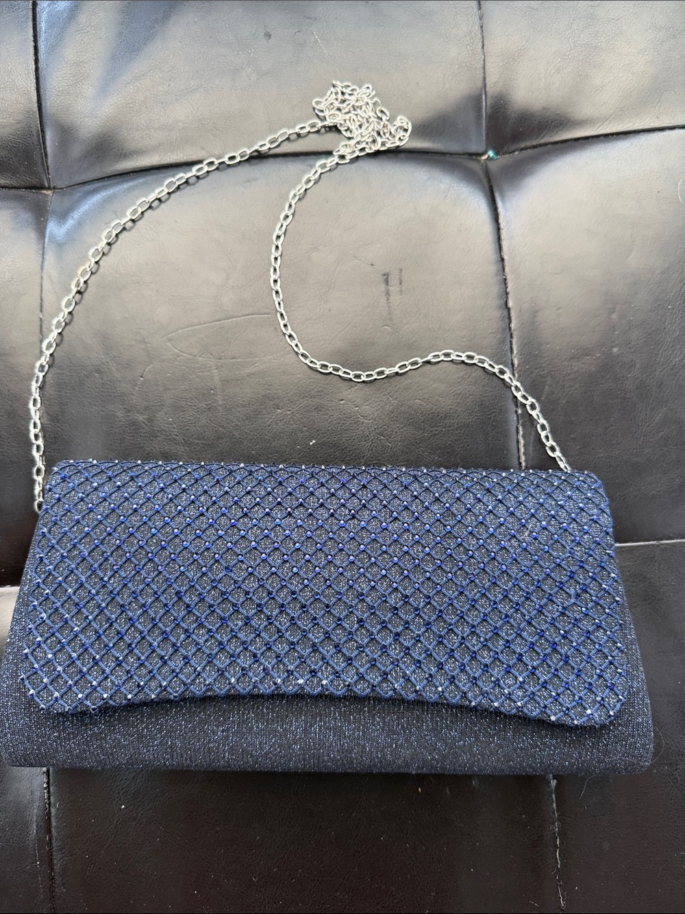 Navy Beaded Evening Clutch with Chain Strap